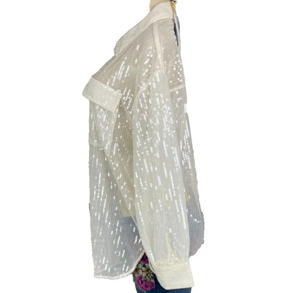 House Of Harlow 1960 M Cream Sheer Mesh Sequin Button Collar Long Sleeve Blouse - Picture 5 of 6